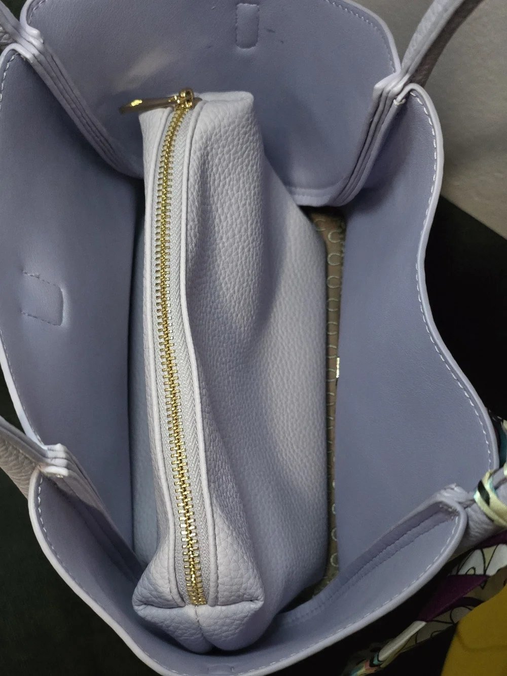 Lilac Leather Tote Bag with Decorative Scarf